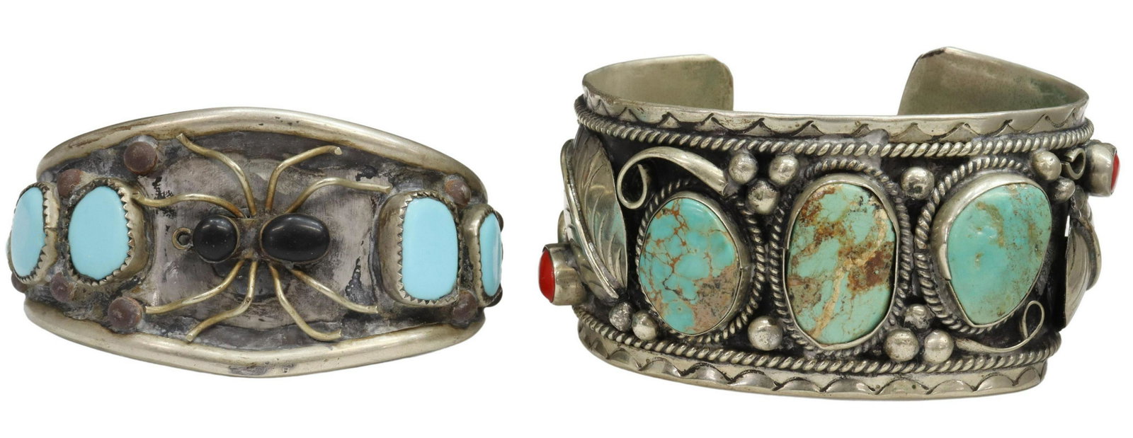 (2) SOUTHWEST STYLE SILVER TONE & STONE CUFFS: (lot of 2) Southwest style silver tone metal cuff bracelets: (1) stamped SS Mexico, having bezel set turqoise and red coral, feather and bead motif, slightly bent, approx 1.5"w, interior: approx 6.5"l