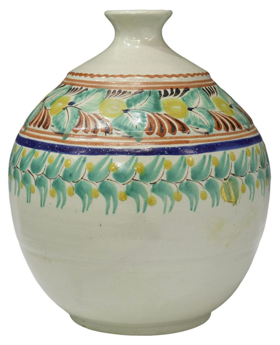 GORKY GONZALEZ (1939-2017) TALAVERA VASE, MEXICO: Large tin-glazed earthenware vase, Gorky Gonzalez (1939-2017), Guanajuato, Mexico, with polychrome bands of foliate and fruit decoration, signed underfoot, area of loss and restoration in lower glazed