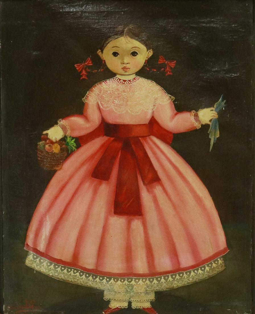 AGAPITO LABIOS (1898-1996) YOUNG GIRL WITH BASKET: Framed oil on canvas painting, Young Girl with Basket, signed lower left A. Labios (Agapito Labios, Mexican, 1898-1996), some inpainting along lower left edge, canvas width smaller than frame sight si