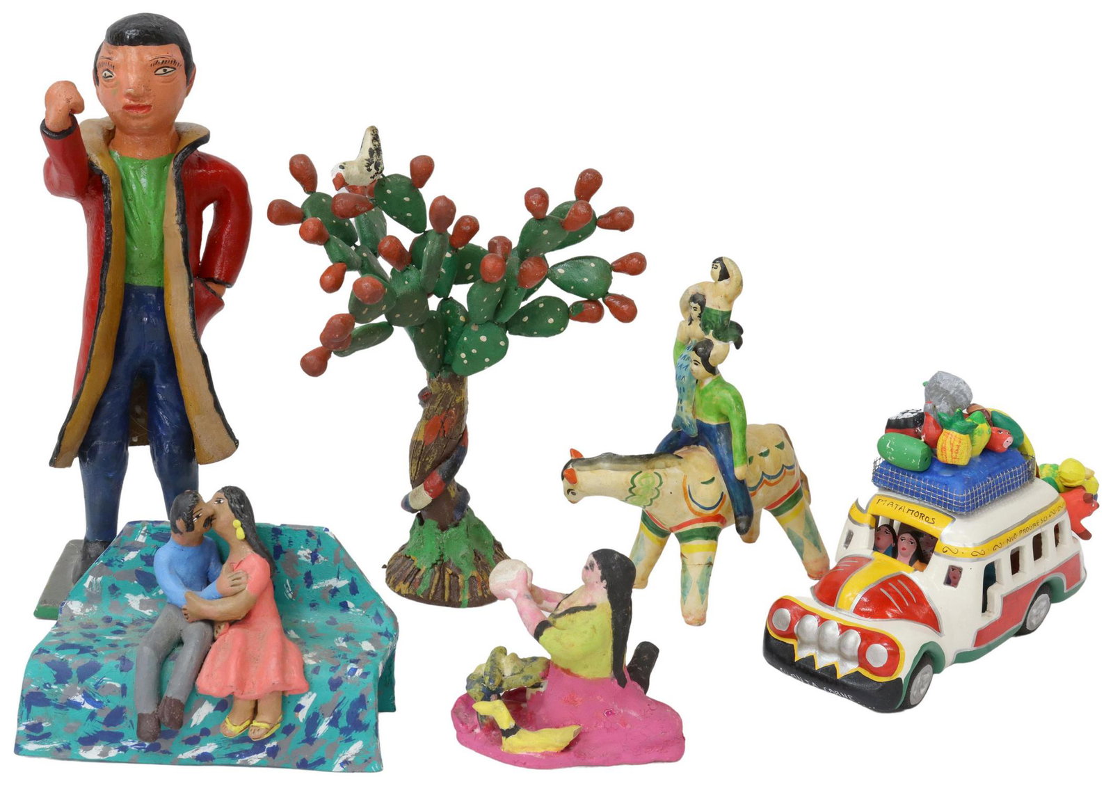 (6) MEXICAN FOLK ART FIGURES, JOSEFINA AGUILAR: (lot of 6) Mexican pottery folk art figures, all polychrome painted, including: (1) lovers kissing on a bench, signed Josefina Aguilar, (1) bird atop a cactus tree, snake curled around its trunk, (1) 