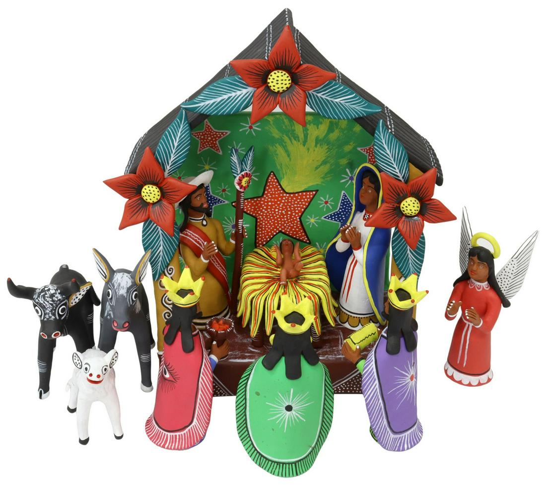 11) ZENAIDA JULIAN OCUMICHO POTTERY NATIVITY SCENE: (lot of 11) Folk art pottery creche/ nativity scene, signed Zenaida Rafael Julian de Ocumicho, Mich. (Ocumicho, Michoacan, Mexico, 20th c.), including: (1) floral decorated manger, (3) Wise Men (Los T