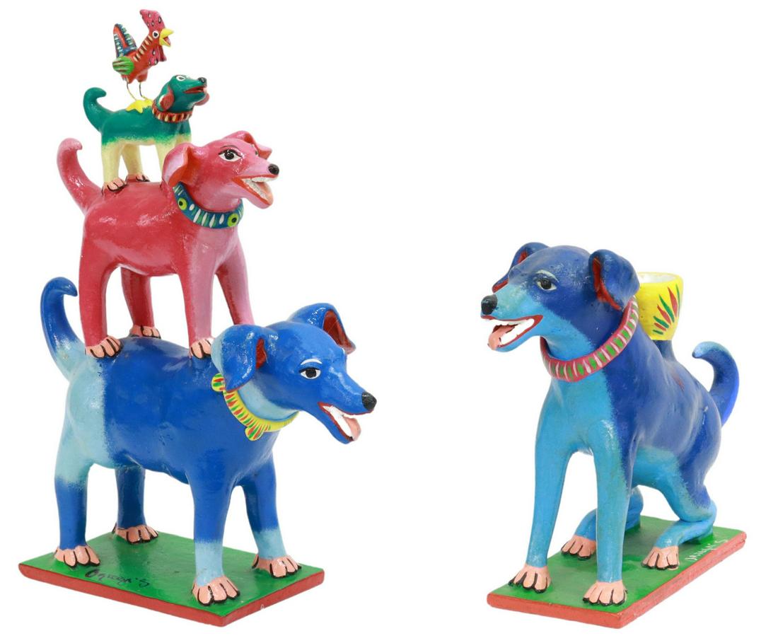 (2) ORTEGA'S BLUE DOG SCULPTURE & CANDLE HOLDER: (lot of 2) Folk Art Barro Betus pottery, Ortega's (Gerardo, Oscar, and Junior Ortega), Mexico, including: (1) stacking dogs with rooster, approx 12"h, 9"l, 4"w, (1) dog candle holder, approx 7.25"h, 8