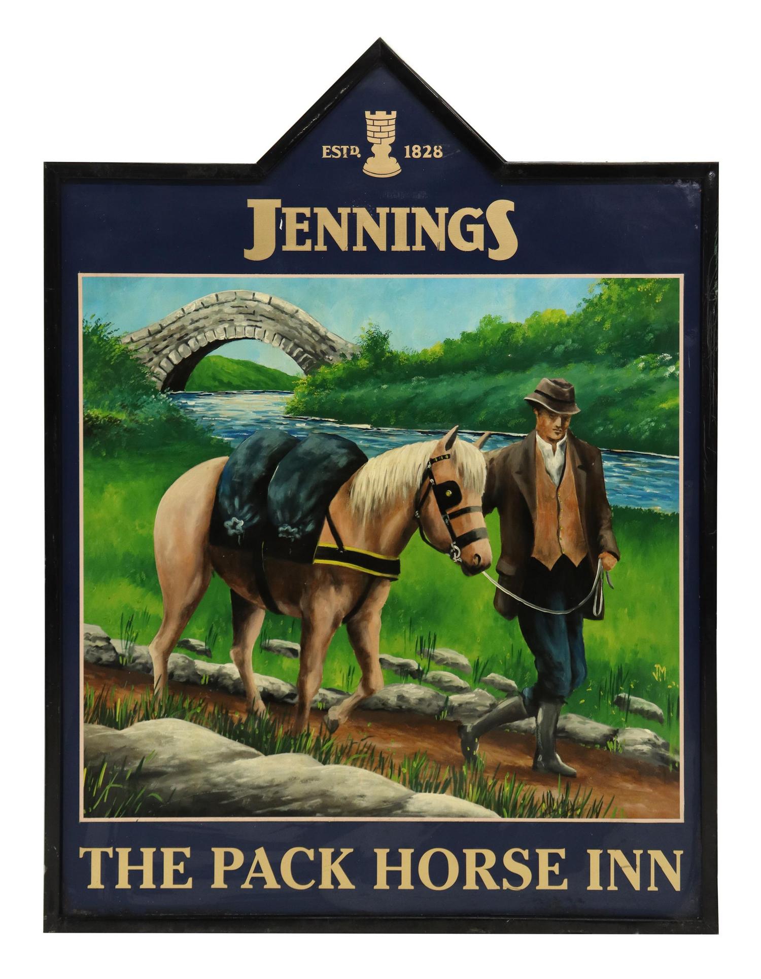 ENGLISH THE PACK HORSE INN DOUBLE-SIDED PUB SIGN: English double-sided pub sign, Jennings, The Pack Horse Inn, late 20th c., man leading a horse, landscape with stone bridge, approx 57.5"h, 43.75"w, 3.25"d Start Price: $200.00
