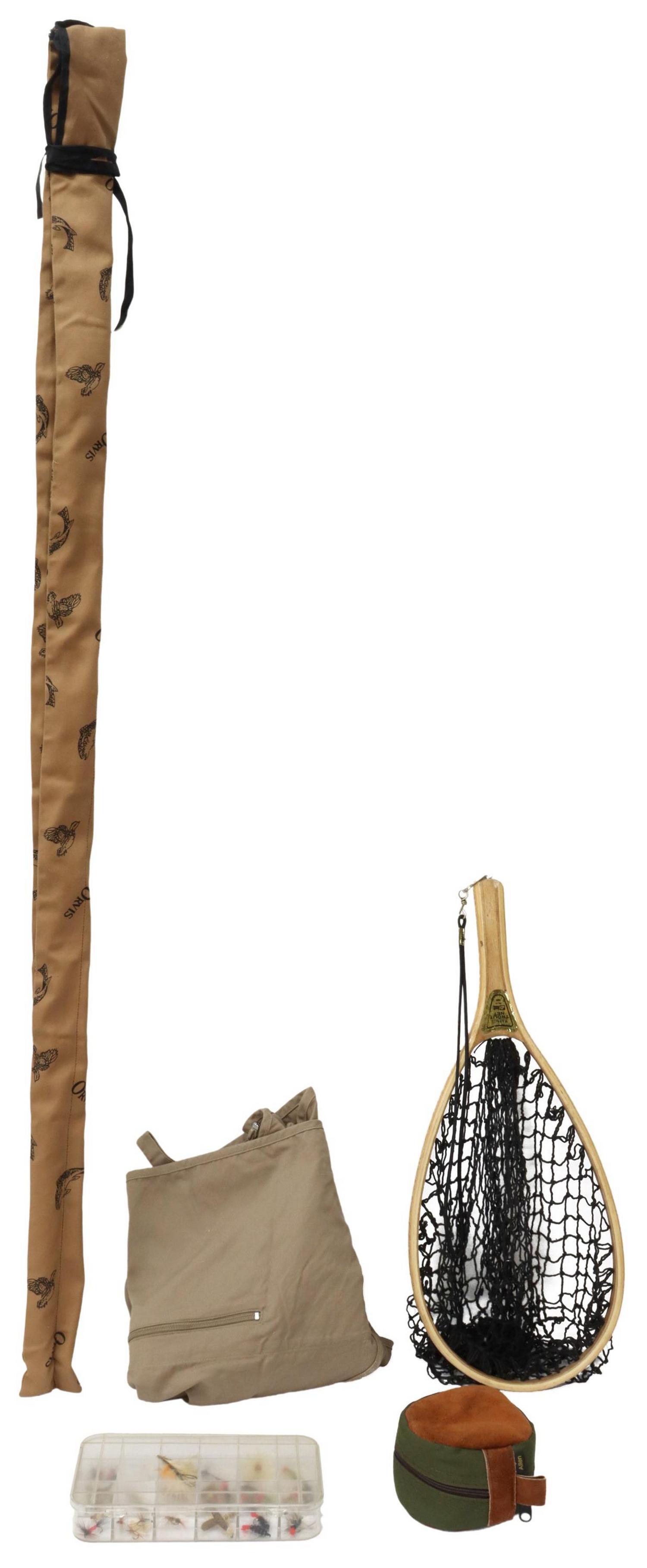 (LOT) FISHERMAN'S CHOICE FLY ROD & FISHING GEAR: (lot) Collection of fishing gear, including: (1) Fisherman's Choice 8' fly/spinning rod, Model AFR-80, a two piece rod in (1) Orvis branded bag; (1) White River fly reel, in protective bag, bag - appr