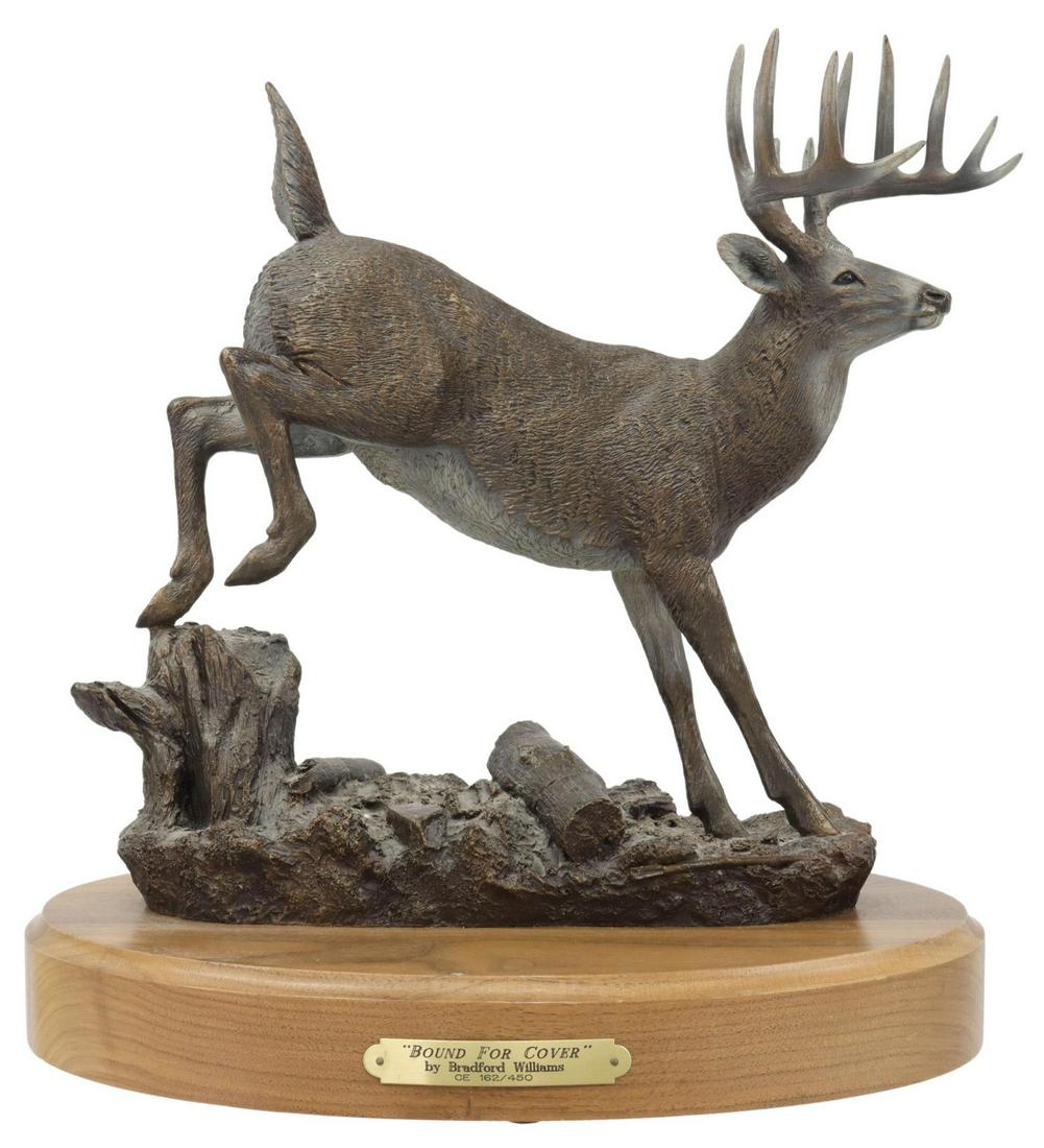 BRADFORD WILLIAMS (B.1948) WILDLIFE STAG SCULPTURE: Bronze-finish resin stag sculpture, "Bound For Cover," signed at verso B. J. Williams (Bradford J. Williams, Colorado/Arizona, b.1948), limited edition, numbered 162/450, dated [19]95, on wood base, r
