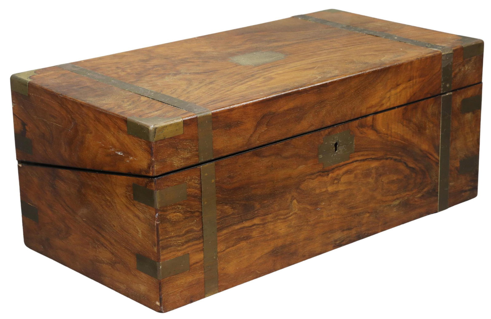 BRITISH BRASS-BOUND WALNUT WRITING SLOPE DESK: British brass-bound walnut writing slope/ travel desk, 19th c., hinged lid with engraved plaque reading: "presented to Mr. George Skene, precentor, Free Church Kintore, by the members of the choir, as