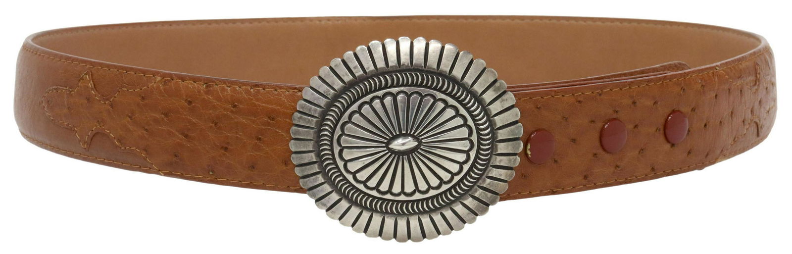 NATIVE AMERICAN STERLING BUCKLE & LEATHER BELT: Native American sterling silver belt buckle, signed LM, (Leon Martinez, Navajo, 20thc), of concho form, buckle: approx 3 1/8"l, 2.75"w, accomodating: approx .75" belt, on a black grained Ferrini Itali