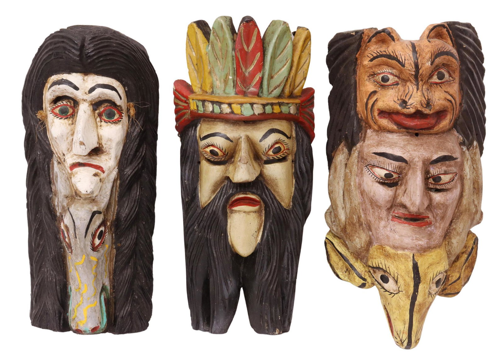 (3) MEXICO FOLK ART CARVED WOOD DANCE MASKS: (lot of 3) Large carved and polychrome painted folk art masks, Mexico, likely Guerrero, including: (1) king, bearded man with feathered headdress with gilt accents, (1) woman's head resting on top of 