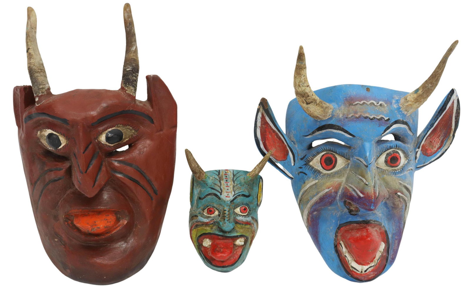 (3) MEXICO FOLK ART EL DIABLO PASTORELA MASKS: (lot of 3) Folk art polychromed carved wood masks, Mexico, each devil face with natural horns, (2) dance masks, (1) small example, largest: approx 13"h, 11.5"w, 11"d, 3lbs Start Price: $50.00