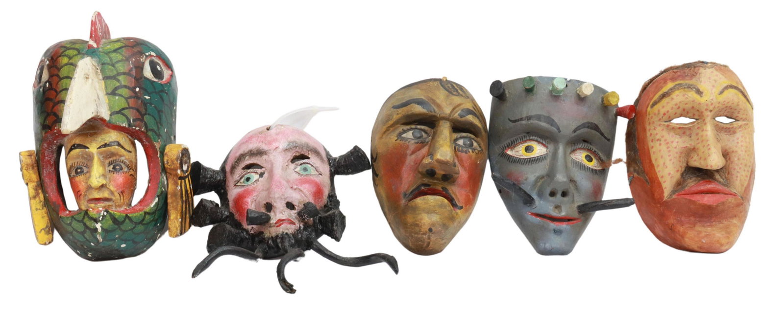 (5) MEXICO CARVED & PAINTED FOLK ART FIGURAL MASKS: (lot of 5) Carved and polychrome painted folk art masks, Mexico, including: (1) Parrot with man's head, Guerrero; (4) male faces, (one) with remnants of fake hair, (one) with carved black beard and si