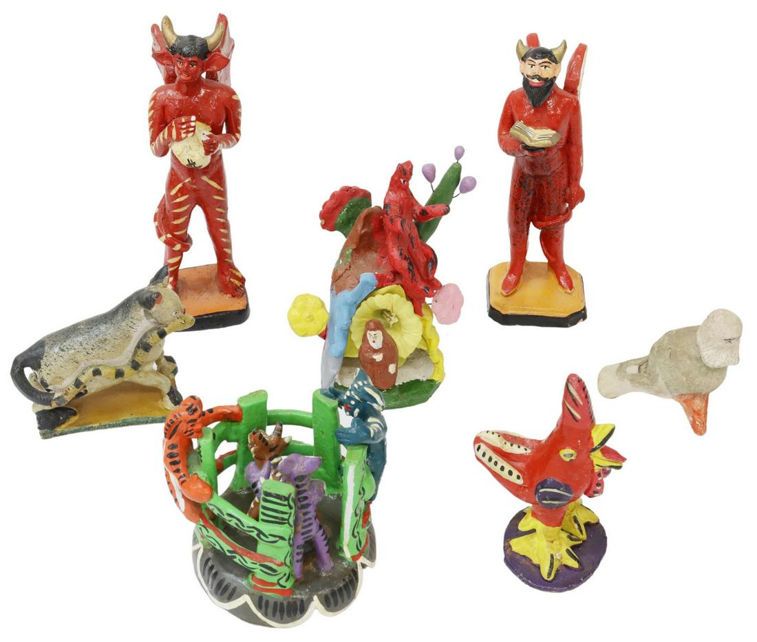 (7) MEXICAN FOLK ART HAND-PAINTED CERAMICS GROUP: (lot of 7) Mexican folk art painted ceramics group, possibly from Ocumicho, including: (1) scene depicting three diablo figures surrounding a bull pen, (1) wild cat holding serpent in mouth, (1) hybri