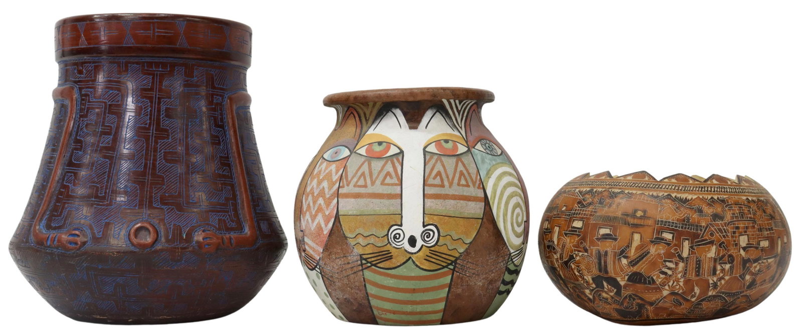 (3) MARIVALDO VASE, GOURD BOWL, & CERAMIC CAT VASE: (lot of 3) Group of decorative items, including: (1) carved gourd, depicting musicians and agricultural scenes, lacking one edge piece, "Recuerdo Carmen Fernandez" carved underfoot, (1) Brazilian Mari
