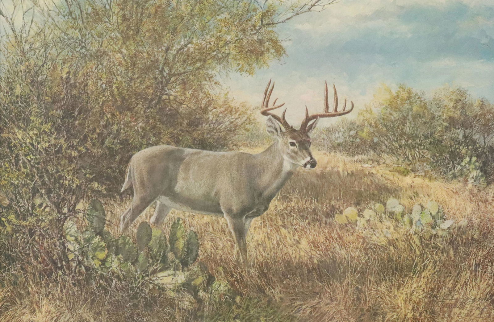 GREG BEECHAM LIMITED PRINT, STAG IN THE BRUSH: Framed limited-edition print on paper, Stag In The Brush, pencil-signed lower right Greg Beecham (New York, b.1954), numbered 114/ 1500, sight: approx 19"h, 28"w, overall: approx 27.5"h, 37"w, 12lbs S
