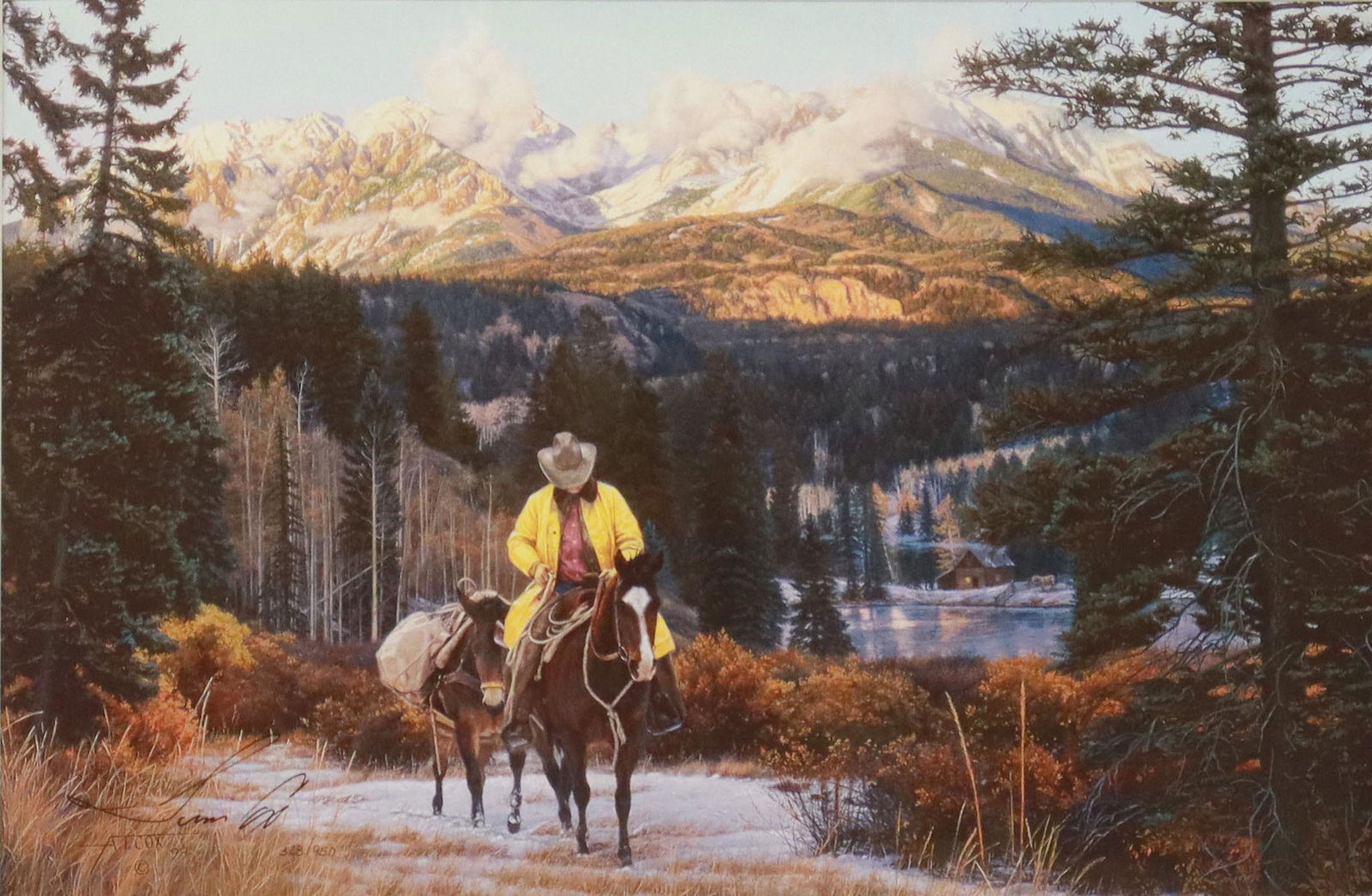 TIM COX PRINT, 'WHERE THE MOUNTAINS REACH THE SKY': Framed limited-edition print on paper, "Where The Mountains Reach The Sky," pen-signed lower left Tim Cox (New Mexico, Arizona, b.1957), numbered 328/ 950, sight: approx 17"h, 24"w, overall: approx 28