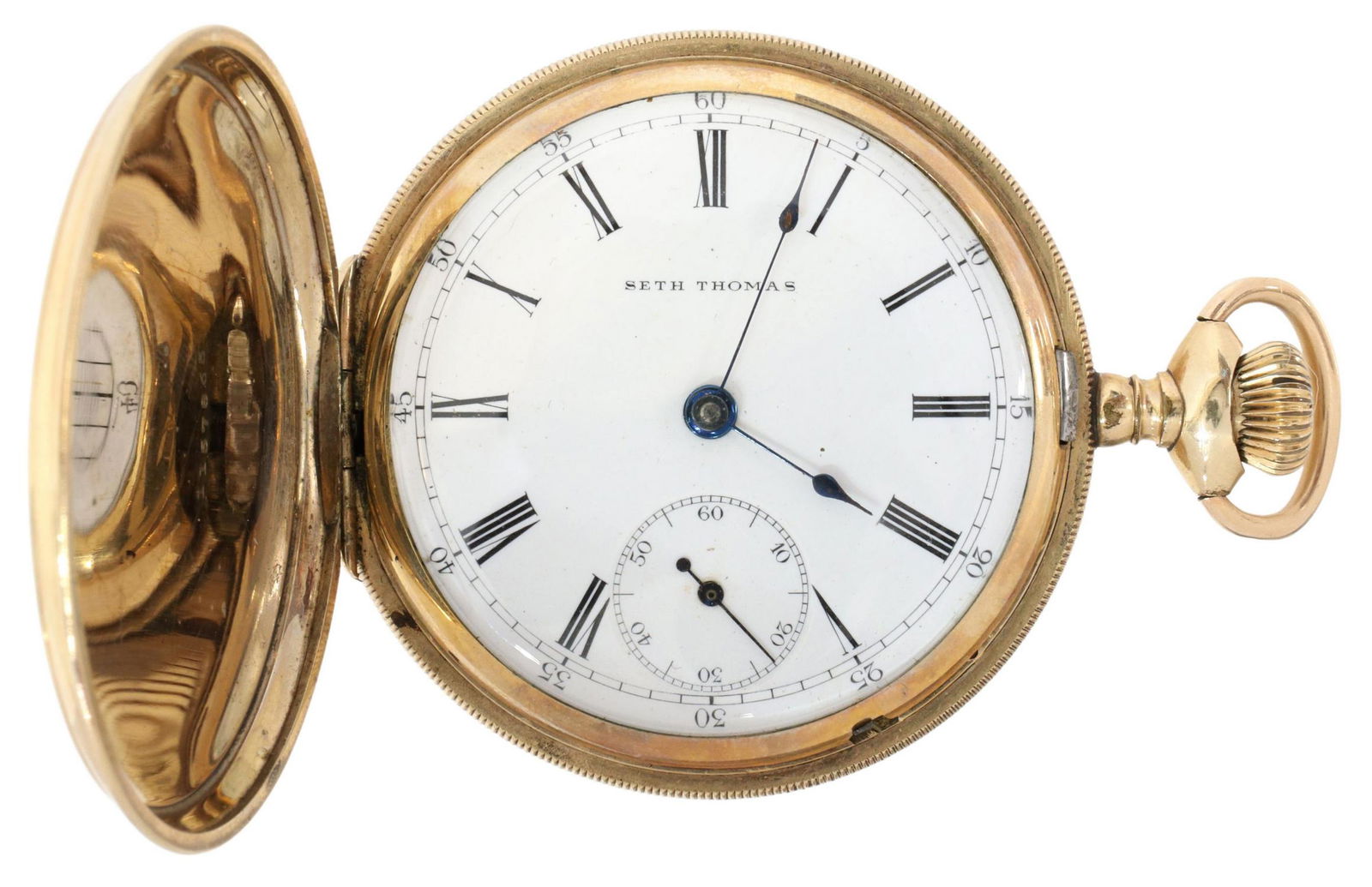 SETH THOMAS GOLD-FILLED HUNTER CASE POCKET WATCH: Gold-filled hunter cased pocket watch, Seth Thomas, Thomaston, Connecticut, white enamel dial, Roman numeral hour markers, second hand subdial, movement serial number 822256, Illinois Watch Case Compa
