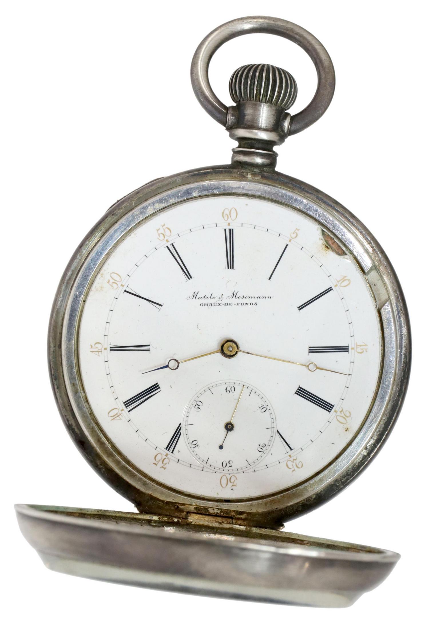 MATILE & MOSIMANN COIN SILVER CASE POCKET WATCH: Coin silver cased pocket watch, Matile & Mosimann, Chaux-de-Fonds, white enamel dial, Roman numeral hour markers, second hand subdial, key-wind movement, movement serial number 47414, loss to enamel b