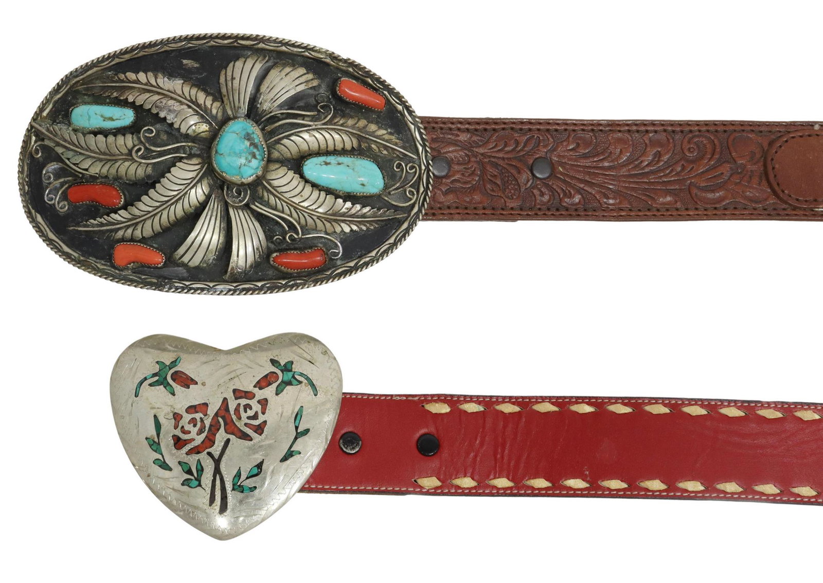(2) JERRY ROAN NAVAJO & SOUTHWEST BUCKLES & BELTS: (lot of 2) Western belts and buckles, including: (1) Native American silver tone metal buckle, hallmarked JR (Jerry Roan, Navajo, 20thc.), set with turquoise and red coral, stones intact with hairline