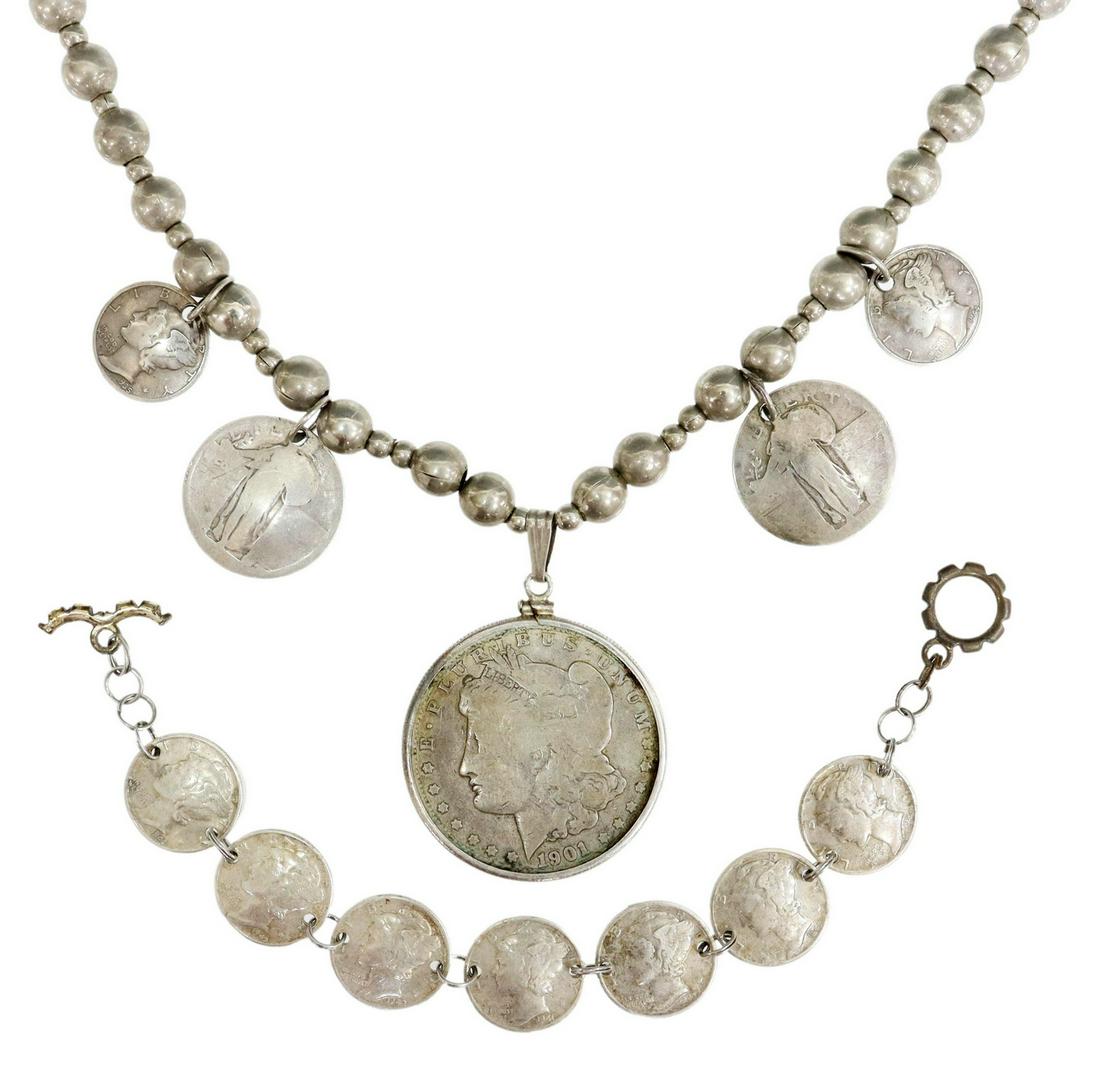 (2) SOUTHEST SILVERPLATE BEAD & COIN JEWELRY: (lot of 2) Southwest silverplate beaded and coin jewelry: (1) beaded necklace hung with (1) bezel set 1901 Morgan silver Dollar, (1) very worn Liberty Dollars, (2) 1935 and 1944 Mercury dimes, pierced