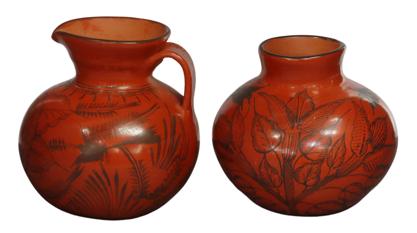 (2) REDWARE POTTERY OLLA & PITCHER, HUANCITO, MX: (lot of 2) Burnished redware pottery, likely Huancito, Michoacan, Mexico, black slip decorated with birds and stylized flowers, apparently unsigned, including: (1) olla/ jar, approx 6"h, 6.5"diam, (1)