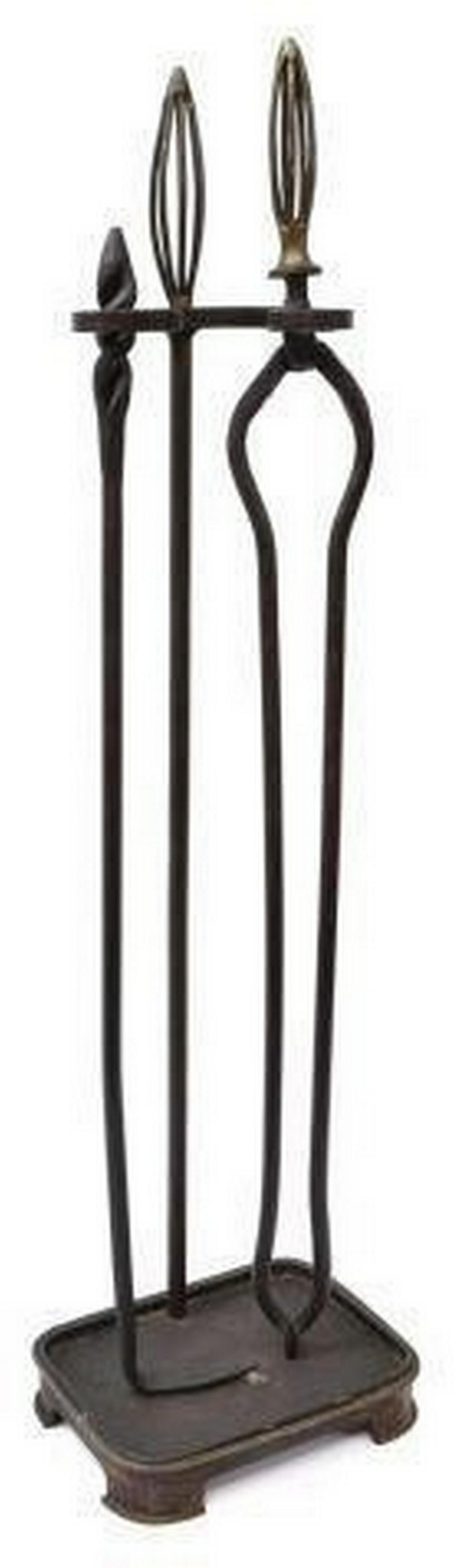 (3) ANTIQUE WROUGHT IRON FIREPLACE TOOL SET: (lot of 3) Antique wrought iron fireplace tool set, comprising: (1) stand with pierced fin, above stroll form arms and rectangular base; (1) tongs with pierced finial; (1) twist top log poker; 38"h, 9