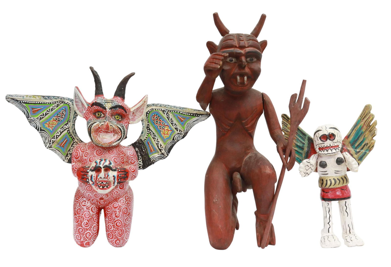 (3) MEXICO CARVED FOLK ART DEVILS & SKELETON: (lot of 3) Carved and painted folk art figural sculptures, Mexico, including: (2) demon/devil figures, (one) with animal horns, holding a crying head/mask, multicolored wings, one cloven foot, possibl