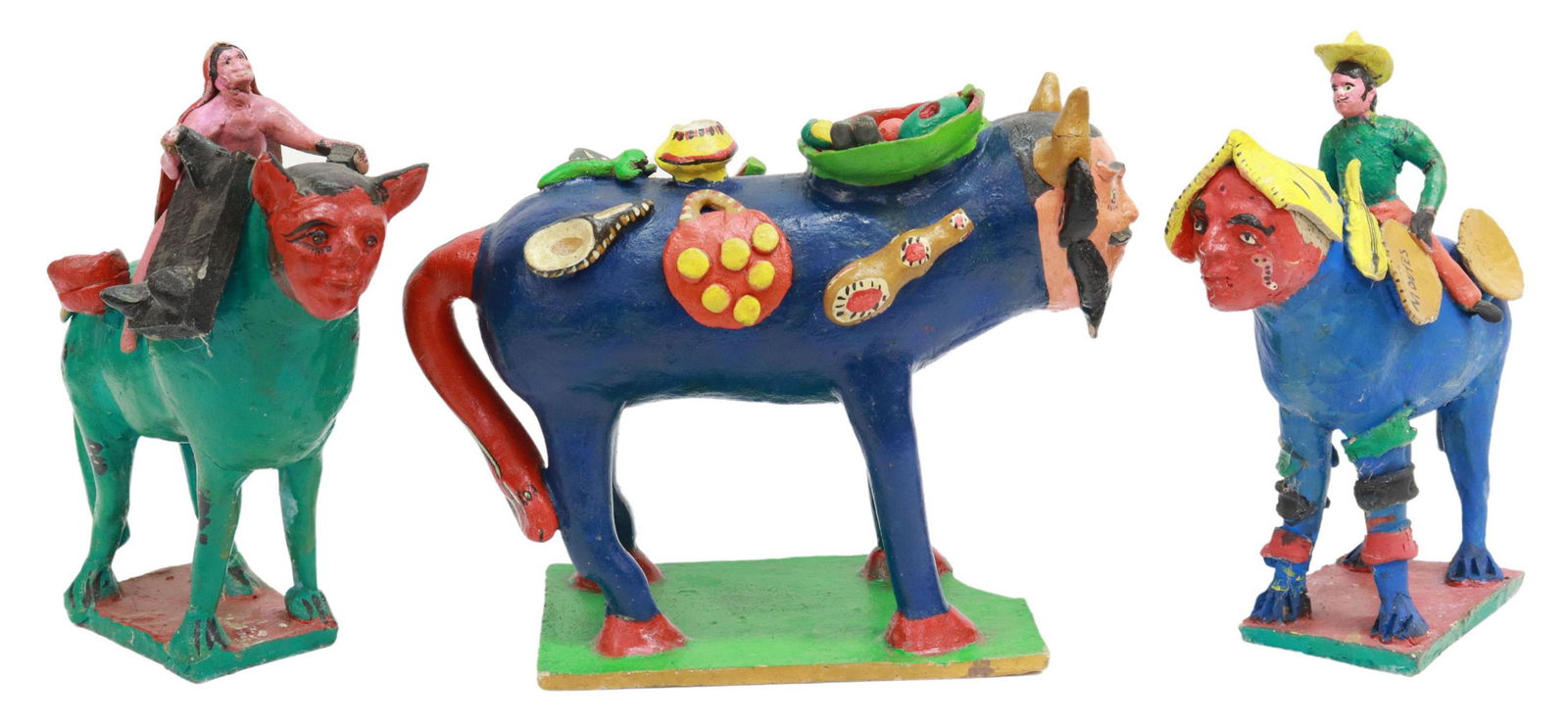 (3) MEXICAN FOLK ART POTTERY COIN BANKS & FIGURE: (lot of 3) Mexican folk art pottery figures, each polychrome painted, including: (two) figural coin banks, each depicting human rider on horse-like creature with human face, (one) signed Lupe Montes a