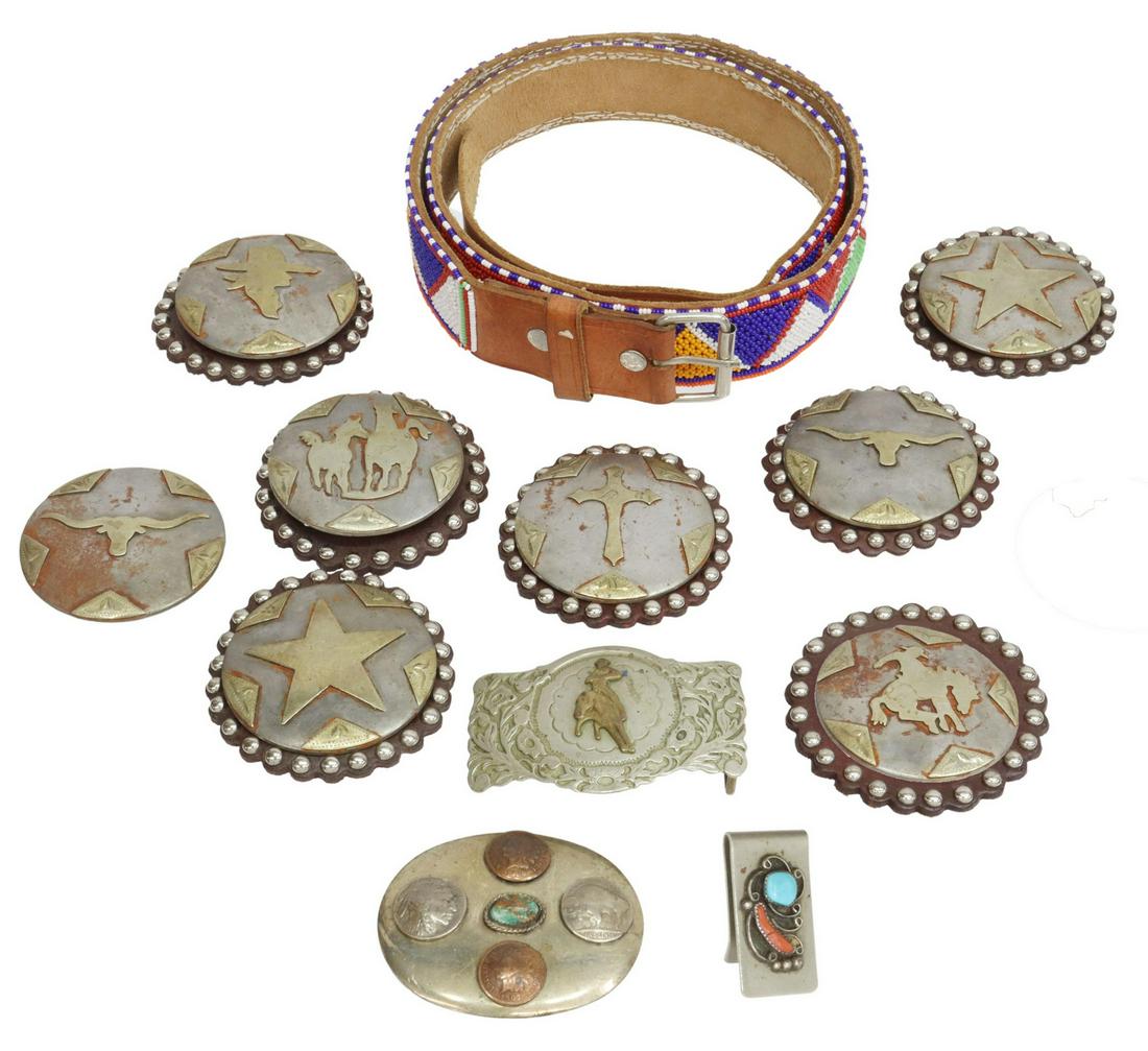 (LOT) SOUTHWEST & STYLE BUCKLES, BELT & CONCHOS: (lot) Southwest and style group: (1) silver tone metal money clip, turquoise and red coral insets, 1 7/8"h, 1'w; (1) belt buckle, signed JD, mounted with (two) Indian Head / Buffalo nickels and (two) 