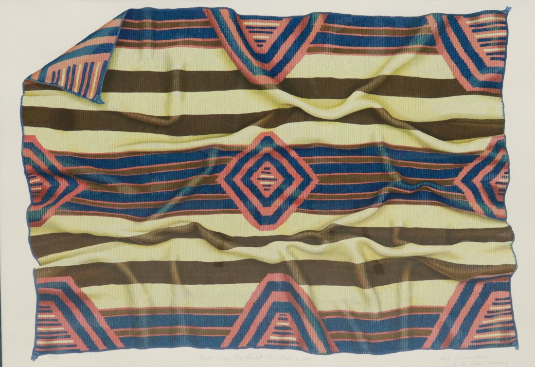 JACK SILVERMAN (D.2017) NAVAJO BLANKET SERIGRAPH: Framed under acrylic serigraph, "Classic Navajo Chief Blanket-Third Phase", signed, numbered 44/100 lower right Jack Silverman, Santa Fe, New Mexico (1940-2017), sight: approx 27.5"h, 39"w, overall: 3