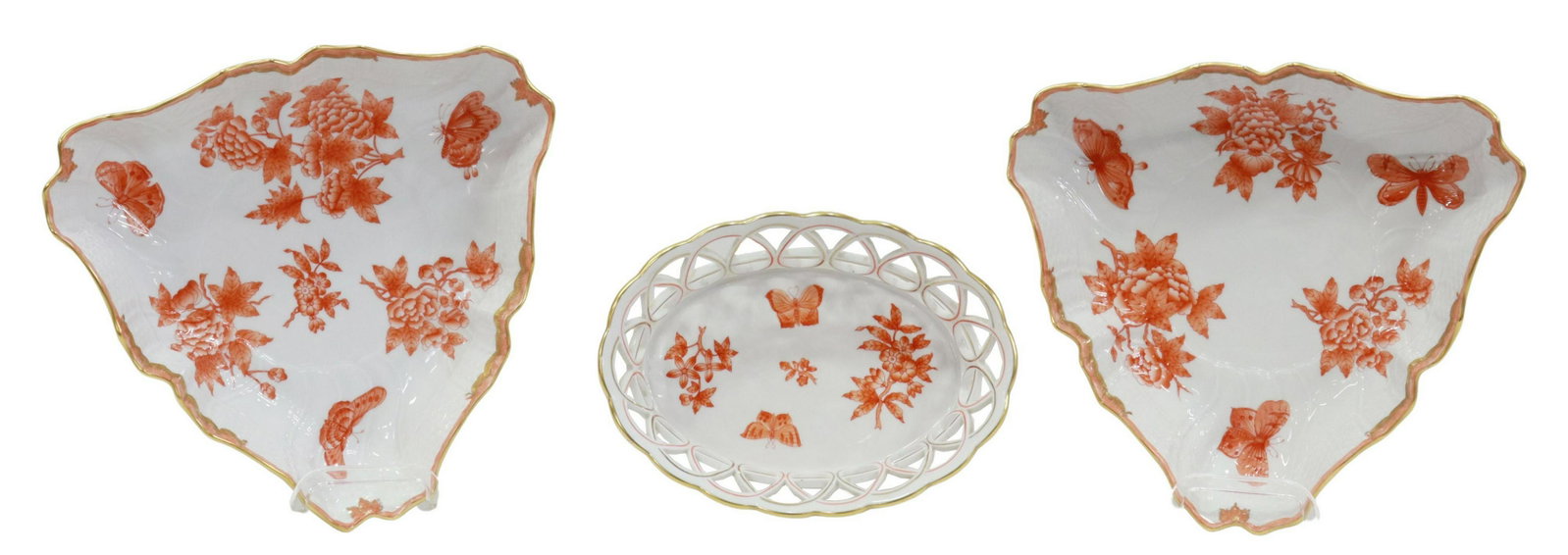 (3) HEREND 'FORTUNA' BASKET & VEGETABLE BOWLS: (lot of 3) Herend porcelain tableware, in the "Fortuna" pattern, peach border with parcel gilt accents, rust-colored flowers and butterflies, including: (1) reticulated basket, approx 2 3/8"h, 8.25"l,