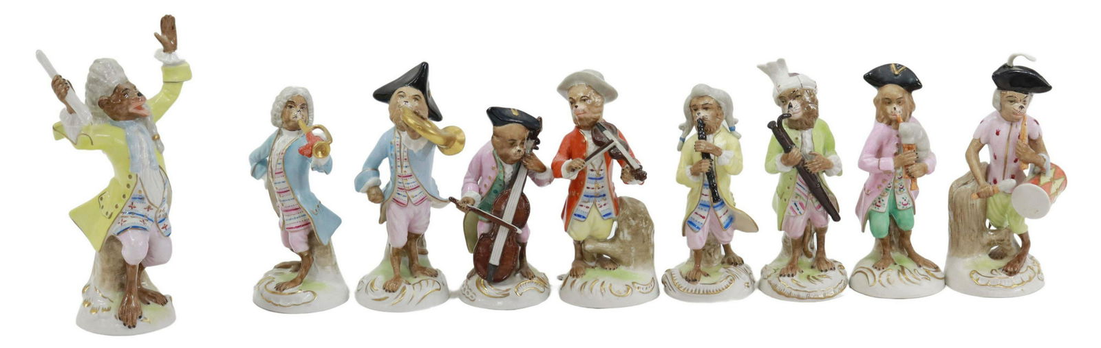 (9) GERMAN PORCELAIN MONKEY BAND AFTER MEISSEN: (9 piece) German Dresden porcelain monkey band, after the models designed by Johann Joachim Kandler (German, 1706-1775) for Meissen, blue underglaze crowned N mark, including: conductor, cellist, clar