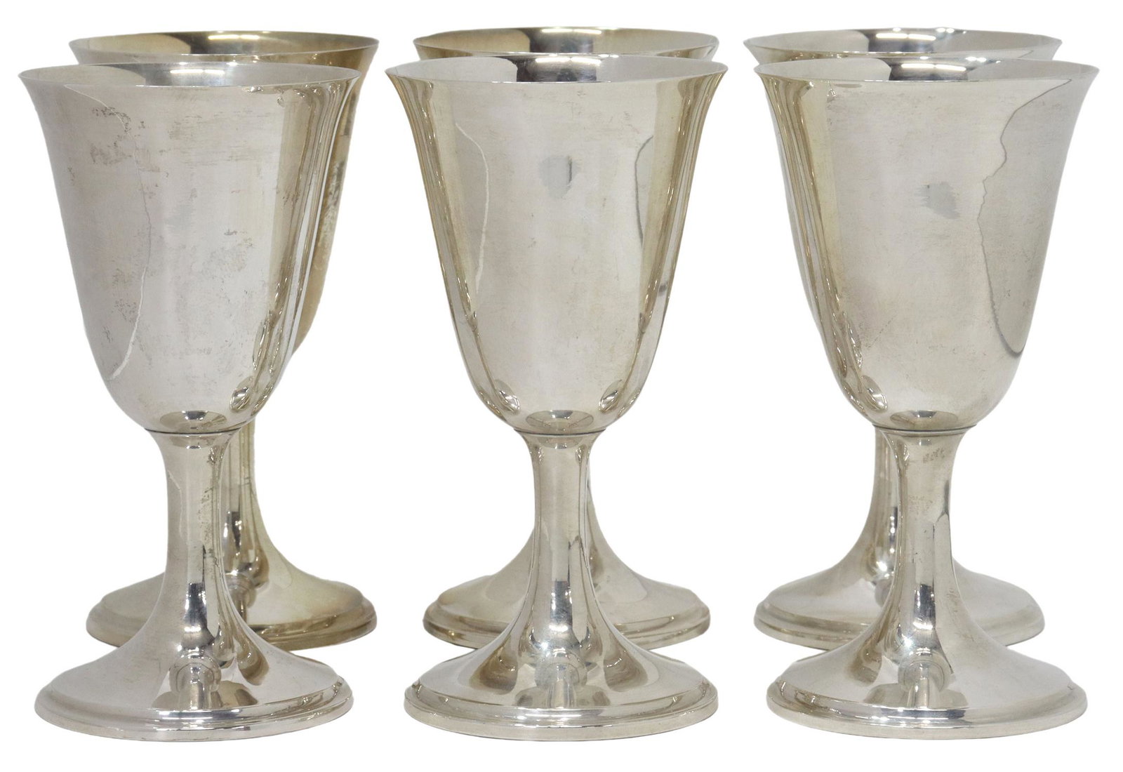 (6) S. KIRK & SON INC. STERLING CORDIAL GOBLETS: (lot of 6) American sterling silver cordial/ wine goblets, Samuel Kirk & Son Inc., model number 4111, approx 4.5"h, 2 3/8"diam, 12.82ozt total Start Price: $200.00