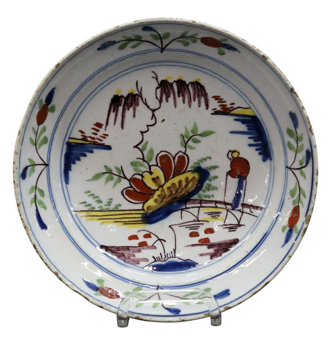 DELFT POLYCHROME CHINOISERIE BOWL, 18TH C.: Delft polychrome tin-glazed earthenware bowl, 18th c., with Chinoiserie landscape, possible collection's label verso, typical small chips and glaze losses, approx 1.75"h, 8 7/8"diam, 0.75lbs Start Pri