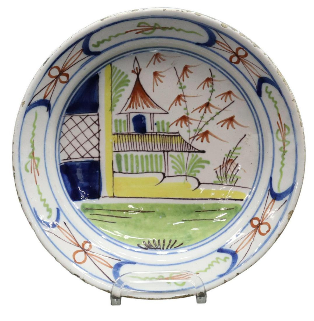 DELFT POLYCHROME CHINOISERIE BOWL, 18TH C.: Delft polychrome tin-glazed earthenware bowl, 18th c., with Chinoiserie landscape, typical small chips and glaze losses, approx 2"h, 9.25"diam, 1.25lbs Start Price: $100.00
