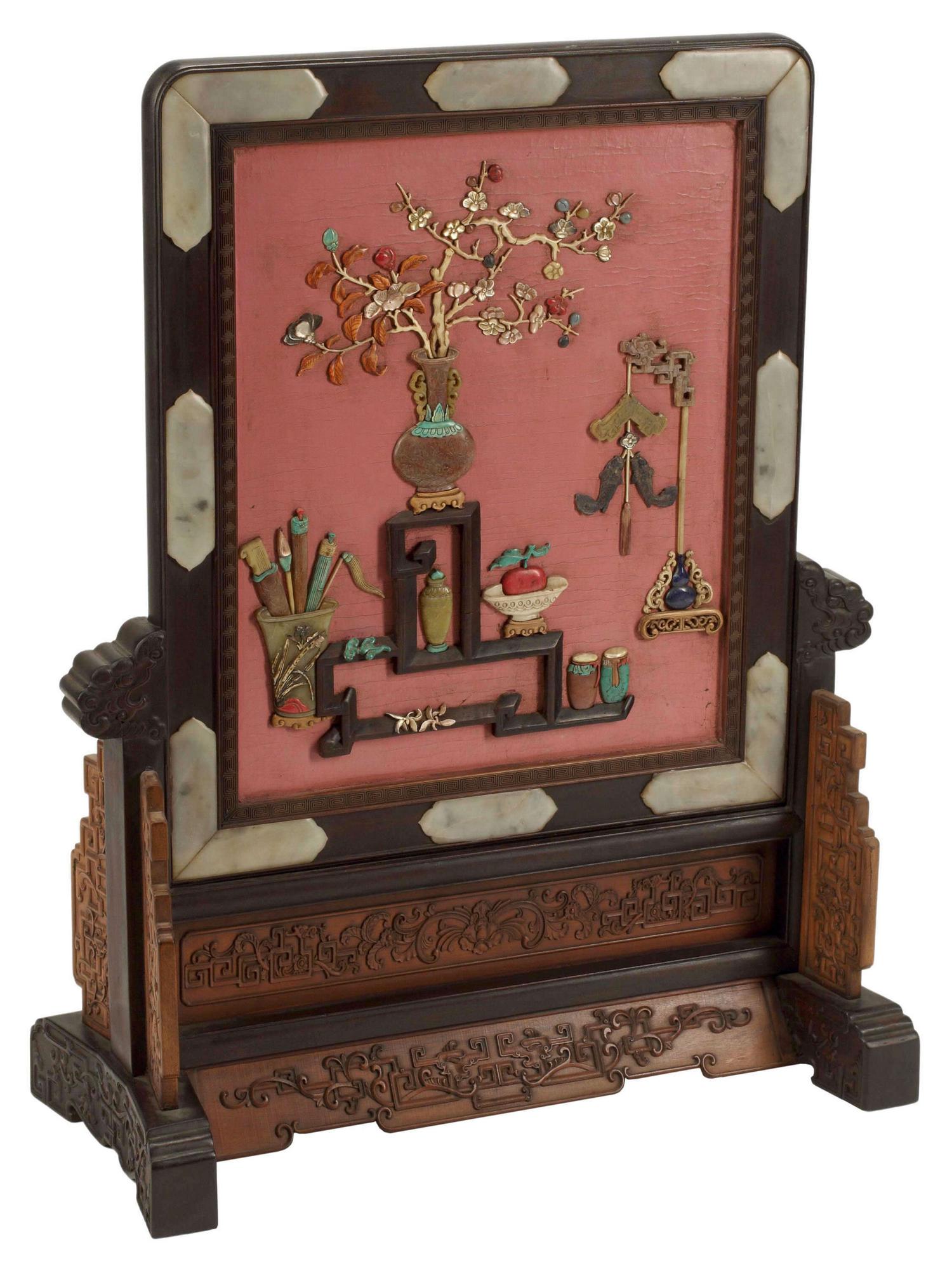 CHINESE INLAID TABLE SCREEN ON CARVED STAND: Chinese inlaid table screen on carved stand, approx 37"h, 29.5"w, 12"d Start Price: $300.00