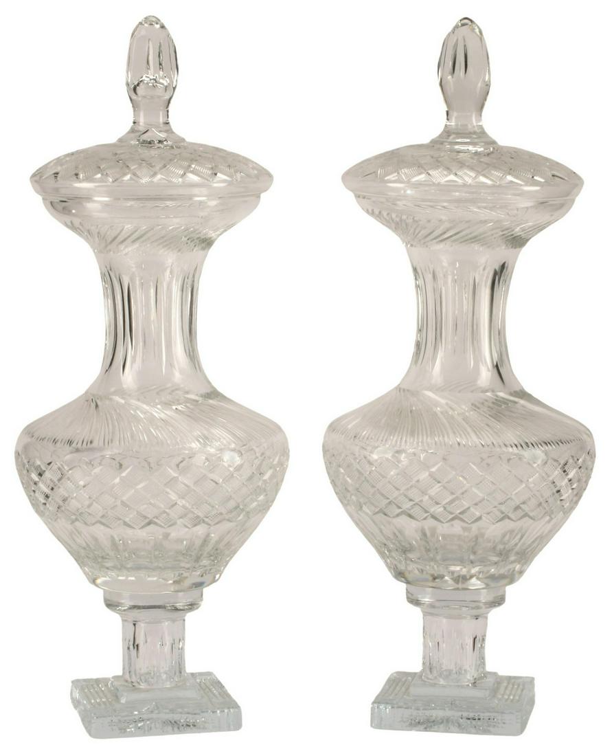 (2) BACCARAT STYLE CUT CRYSTAL COVERED VASES: (pair) Baccarat style cut crystal vases with covers, approx 27.5"h, 10"diam, 46lbs total Start Price: $250.00