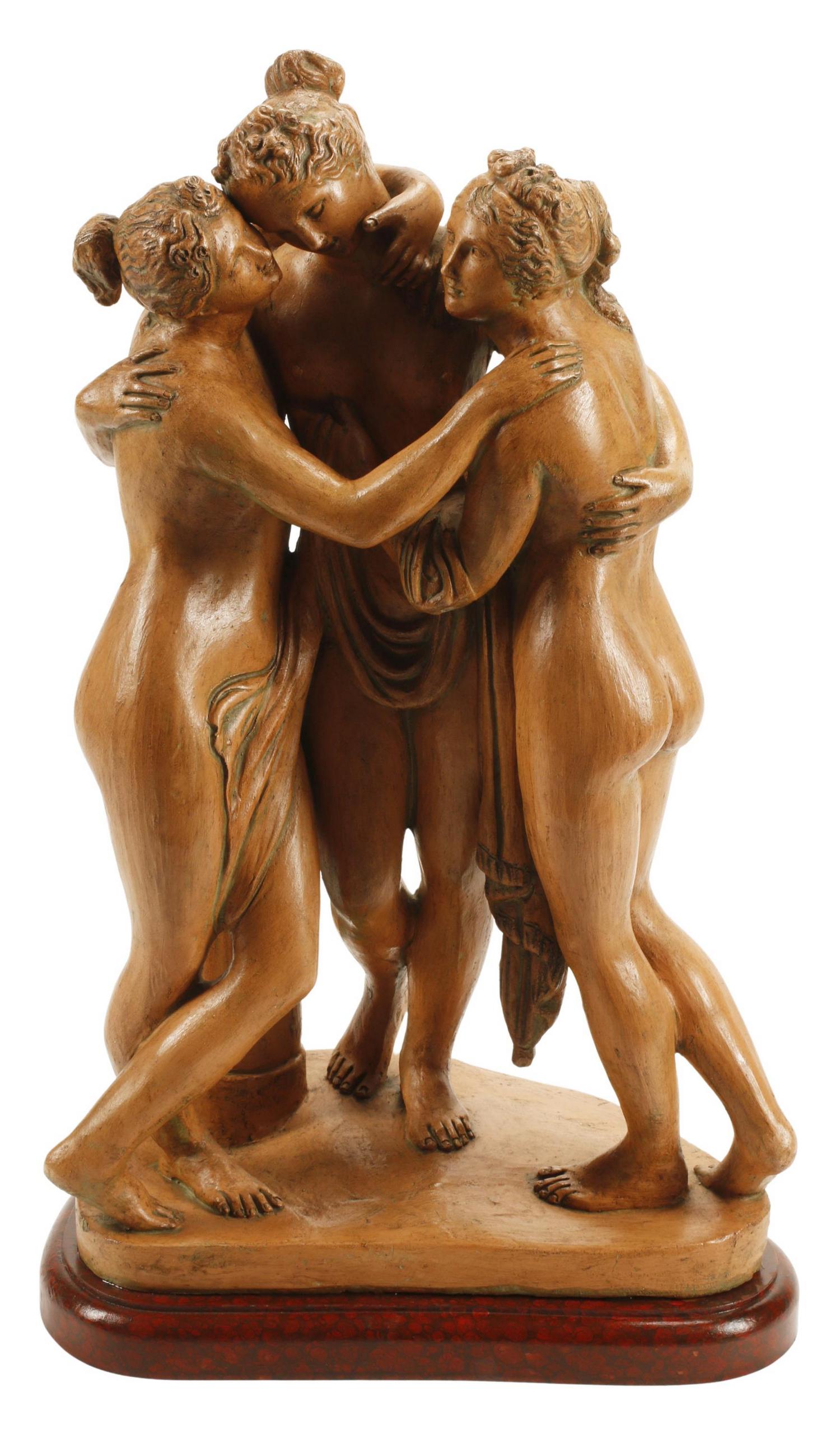 AFTER CANOVA TERRACOTTA THREE GRACES SCULPTURE: Large French terracotta figure group, The Three Graces, after Antonio Canova (Italian, 1757-1822), on faux marble base, approx 33"h, 19"w, 12"d Start Price: $300.00