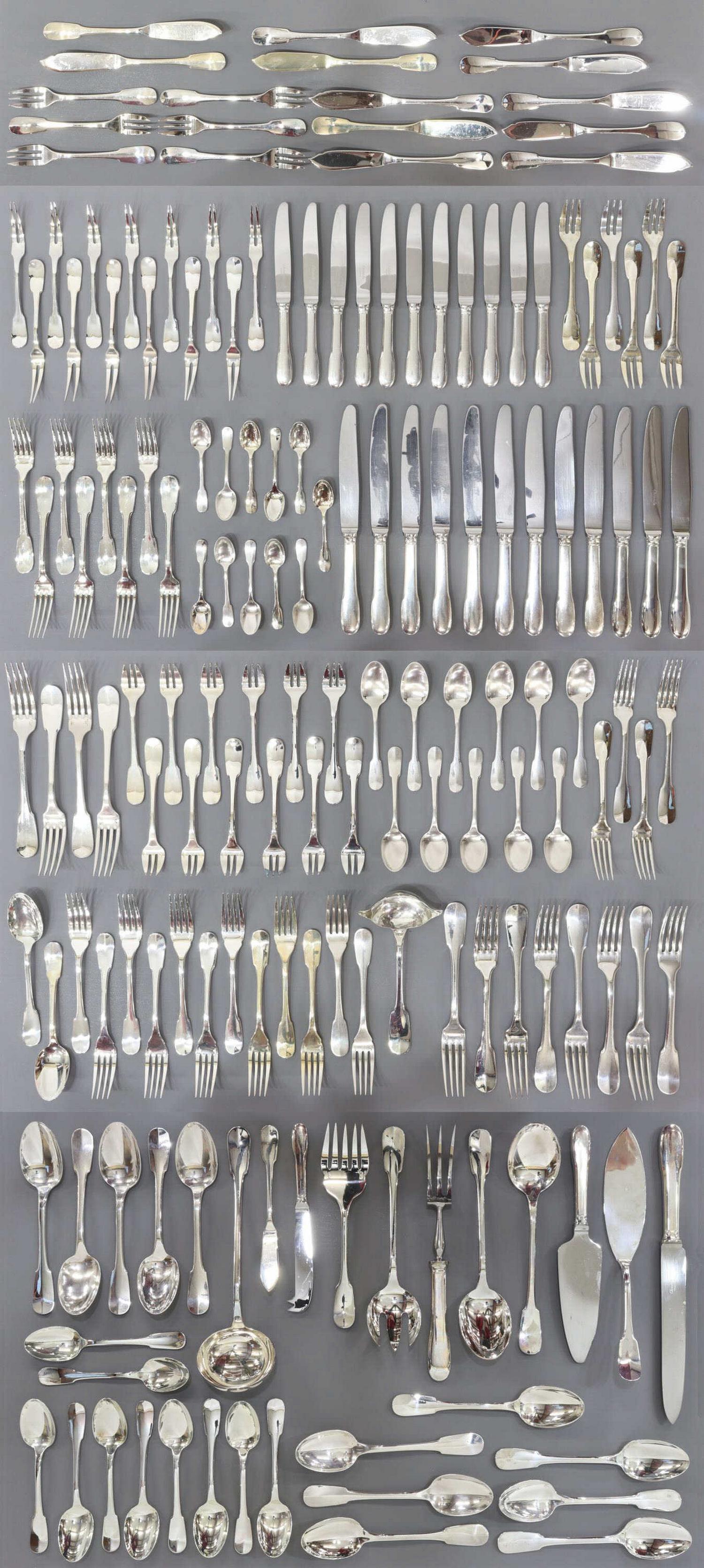 166) CHRISTOFLE CLUNY SILVERPLATE FLATWARE SERVICE: (lot of 166) French silverplate flatware service, Orfevrerie Christofle, in the "Cluny" pattern, including: (12) hollow handle knives, 9 5/8"l, (12) flat handle fish knives, 7.75"l, (11) hollow handle
