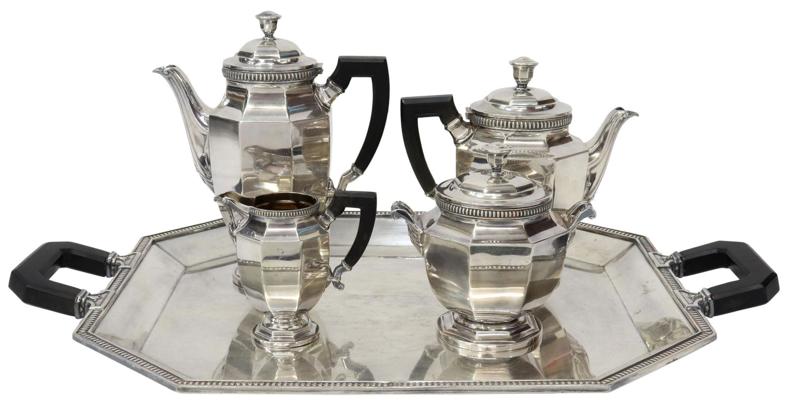 CHRISTOFLE COLBERT SILVERPLATE TEA & COFFEE SET: (5 piece) French Art Deco silverplate tea and coffee service, Orfevrerie Christofle, c.1930s, in the "Colbert" pattern, with oval beading, shell detail at base of spout, ebonized wood handle, includin