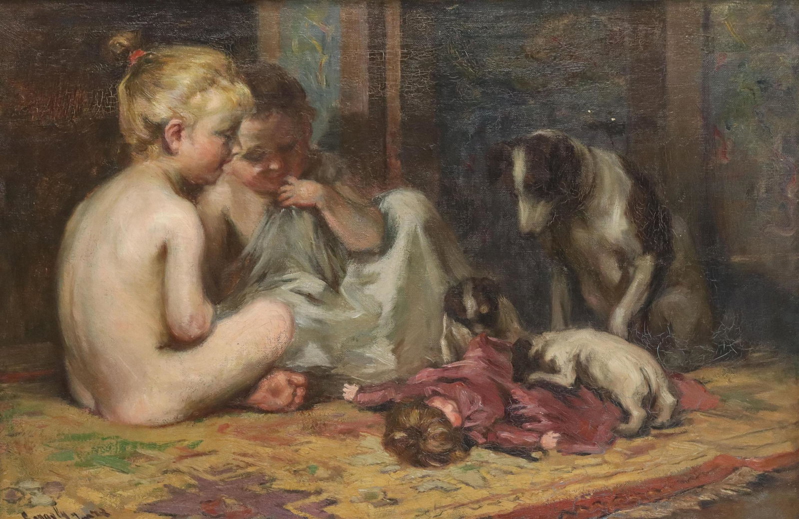 IMRE GERGELY (1868-1914) CHILDREN & PUPPIES: Framed oil on canvas painting, Children with Puppies, signed lower left Gergely Imre (Imre Gergely, Hungarian, 1868-1914), sight: 23.5"h, 36"w, overall: 30.5"h, 43"w, 12.5lbs Start Price: $500.00
