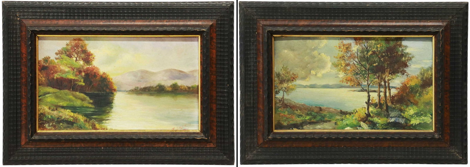 (2) OIL ON PANEL PAINTINGS IN FLEMISH STYLE FRAMES: (lot of 2) Framed oil on wood panel paintings, Lake Landscapes, (one) signed lower right T. Silenzio (?), reverse with figural sketches, centered in Flemish style ripple molded frames, sight: approx 1