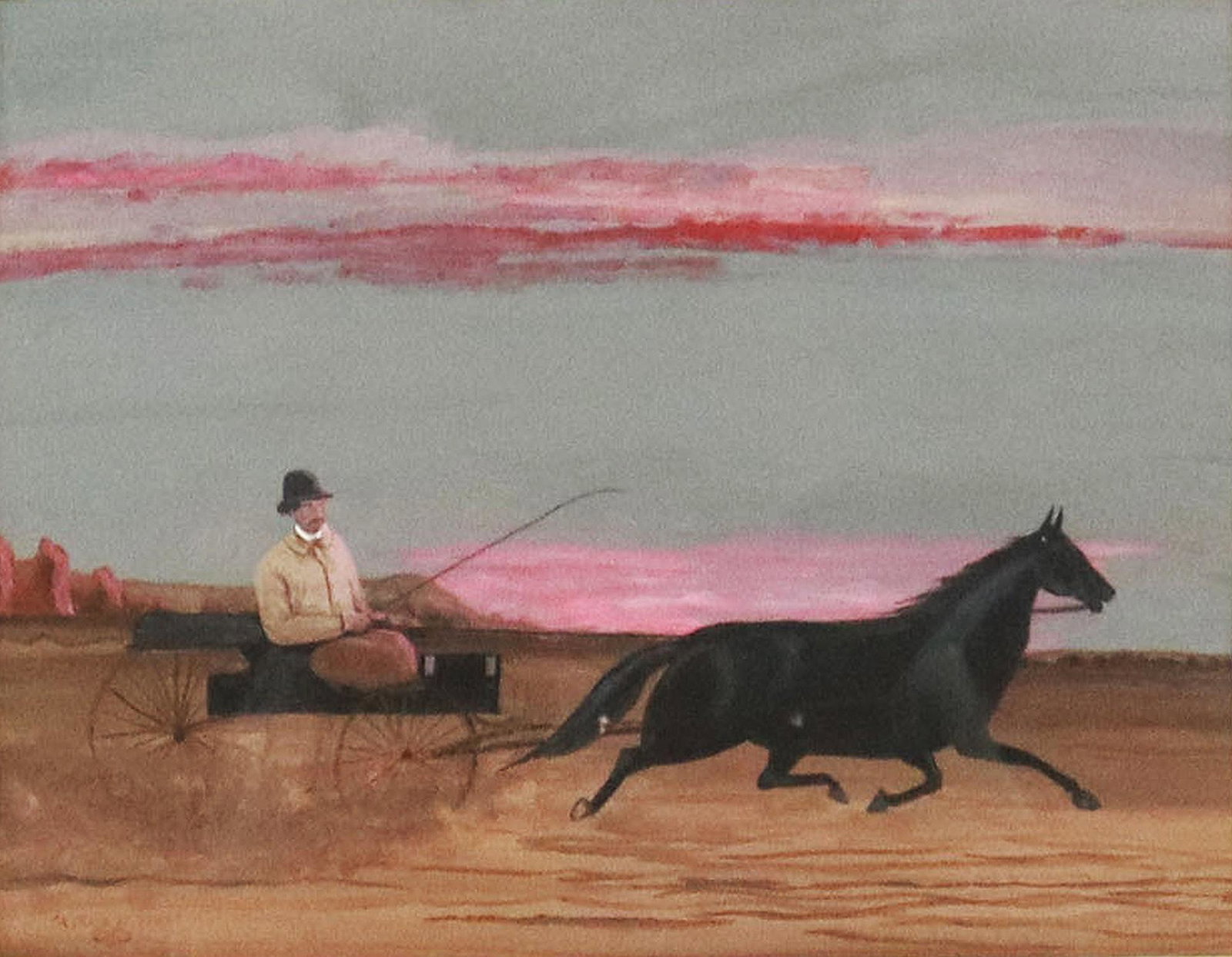 AMERICAN SCHOOL GOUACHE PAINTING HORSECART & RIDER: Framed American school gouache painting on paper, "A Crack at Dawn," initialed and titled lower left, sight: approx 10.25"h, 13.25"w, overall: approx 21.75"h, 25.75"w, 6.75lbs Start Price: $150.00