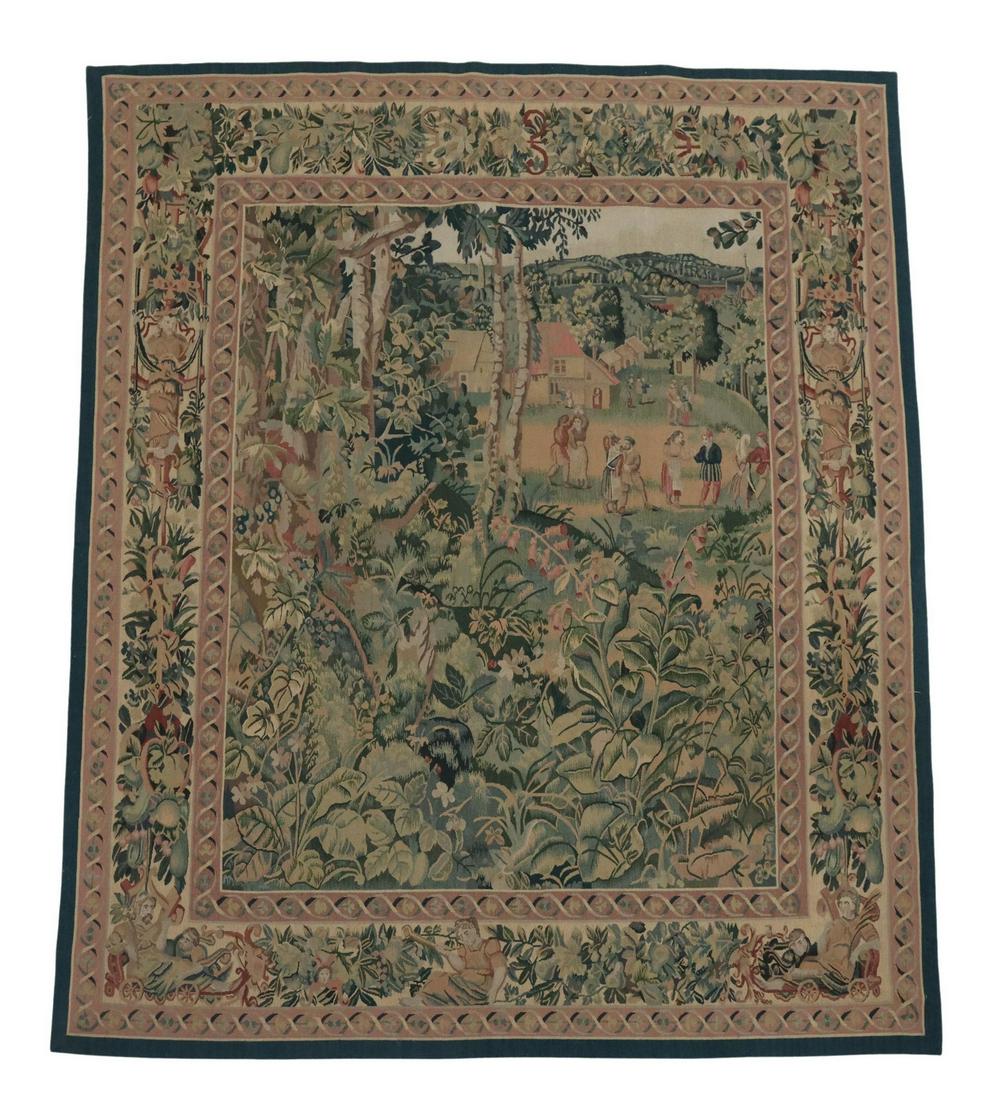 FLEMISH STYLE WOVEN PASTORAL TAPESTRY, 84.5" X 69": Flemish style woven tapestry, Le Manoir Renaissance, foliate border interspersed with figures, central pastoral scene with dancing couples, approx 84.5"l, 69"w Start Price: $200.00