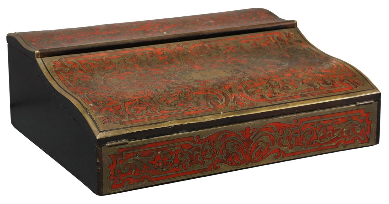 FRENCH BOULLE WORK ECRITOIRE WRITING DESK: French Boulle work ecritoire/ writing desk, 19th c., double hinged top opening to rosewood interior, inset velvet writing slope, two glass inkwells, pen box, two drawers, brass cartouche monogrammed V