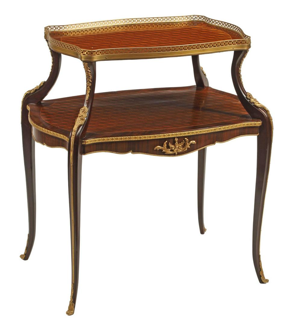 LOUIS XV STYLE ORMOLU-MOUNTED TWO-TIER TABLE: Louis XV style two-tier table, with bronze dore mounts, cube parquetry, approx 35"h, 29"w, 21"d Start Price: $200.00
