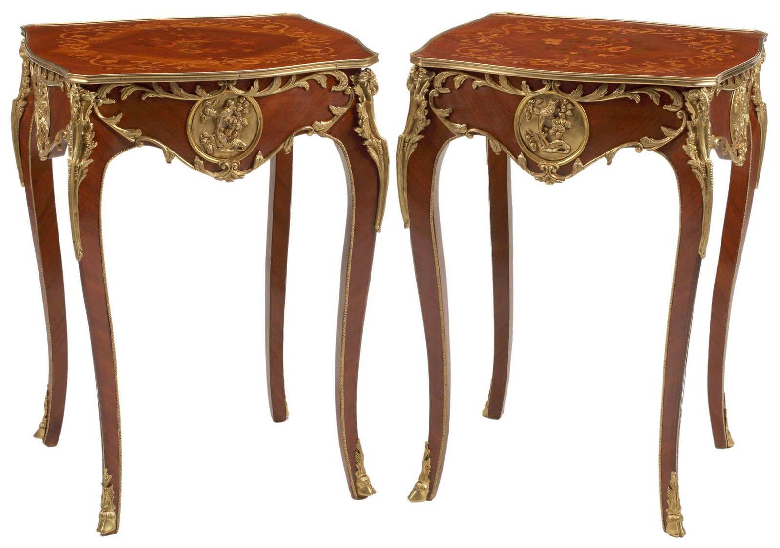 (2) LOUIS XV STYLE ORMOLU-MOUNTED SIDE TABLES: (pair) Louis XV style side tables, with bronze dore mounts, marquetry tabletop, approx 30"h, 21.5"w, 21.5"d Start Price: $400.00