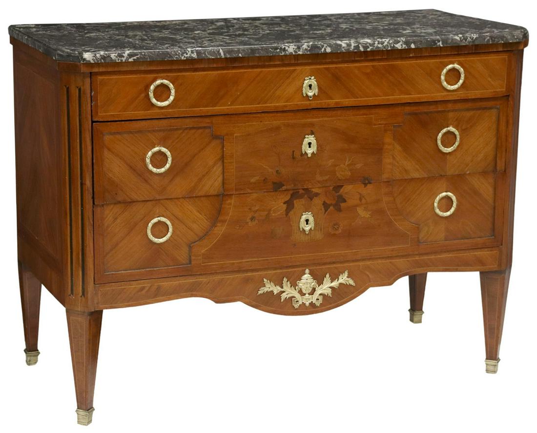 FRENCH LOUIS XVI STYLE FLORAL MARQUETRY COMMODE: French Louis XVI style floral marquetry commode, 20th c., having marble top, over three drawers, rising on tapered squared legs, with metal-capped feet, approx 33.25"h, 44.25"w, 20.25"d Start Price: $