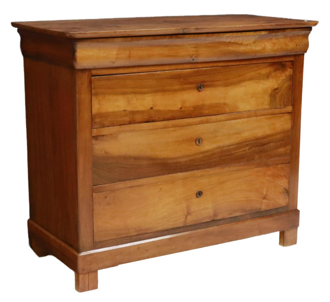 LOUIS PHILIPPE PERIOD WALNUT FOUR-DRAWER COMMODE: French Louis Philippe period walnut commode, mid 19th c., ogee frieze drawer, over three additional drawers, rising on block feet, approx 38.25"h, 45"w, 20.25"d Start Price: $400.00