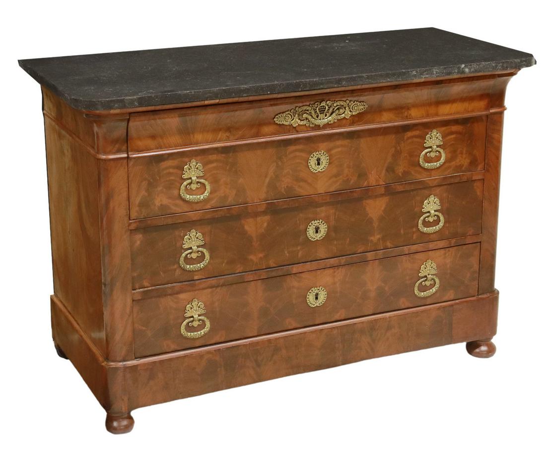 FRENCH CHARLES X MARBLE-TOP MAHOGANY COMMODE: French Charles X period marble-top mahogany commode, first half 19th c., ogee frieze drawer, over three additional drawers, rising on bun feet, loss to trim directly under marble top, separation and f