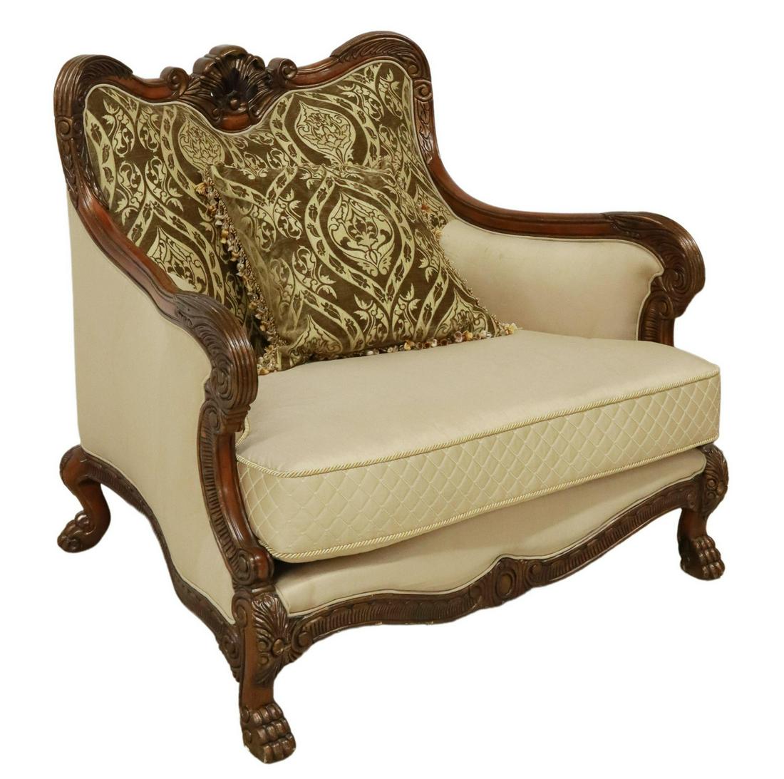 AICO 'CHATEAU BEAUVAIS' OVERSIZED ARMCHAIR: "Chateau Beauvais" oversized armchair with matching pillow, AICO by Michael Amini, 20th c., carved shell crest, over damask upholstered back, scrolled hand holds, rising on curved legs, ending in Span