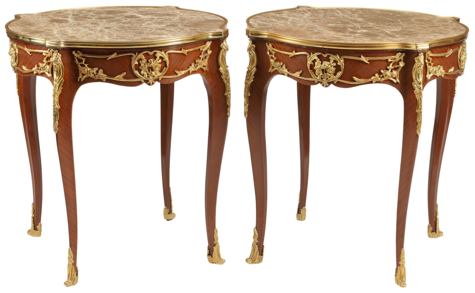 (2) LOUIS XV STYLE MARBLE-TOP ORMOLU TABLES: (pair) Louis XV style marble-top tables, with bronze dore mounts, marble tops intact with restoration and fractures, approx 30"h, 28"diam Start Price: $400.00
